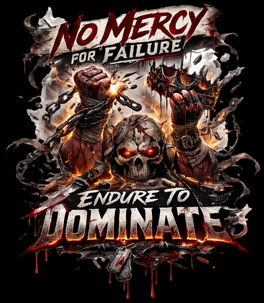 Skull warrior breaking chains with the text “No Mercy for Failure – Endure to Dominate”