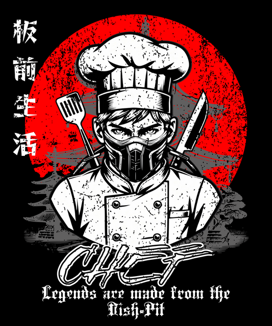 samurai chef shirt, chef life apparel, kitchen warrior clothing, dish pit legend, culinary streetwear, graphic chef hoodie, restaurant culture apparel, made to order clothing, chef grind shirt